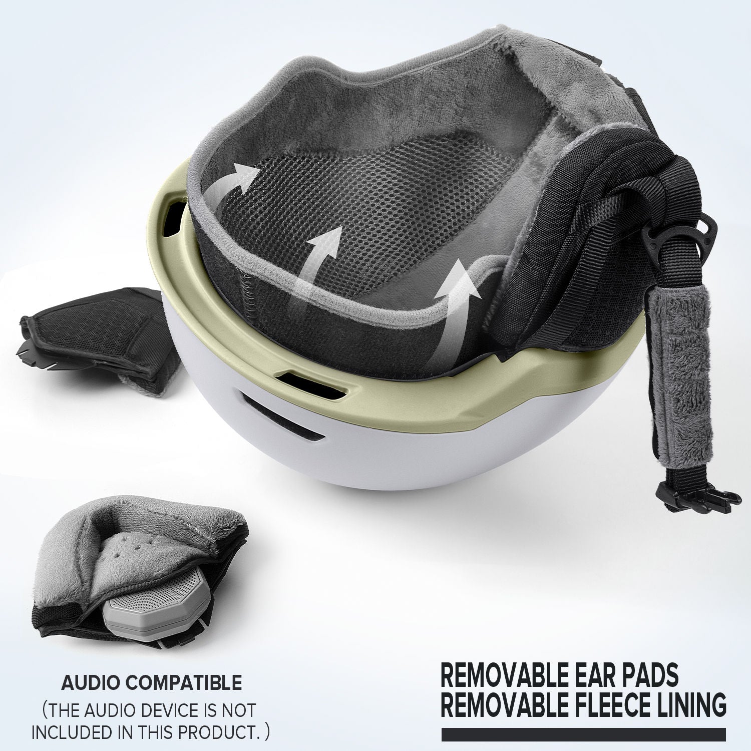 beige snow helmet with audio compatible ear pads