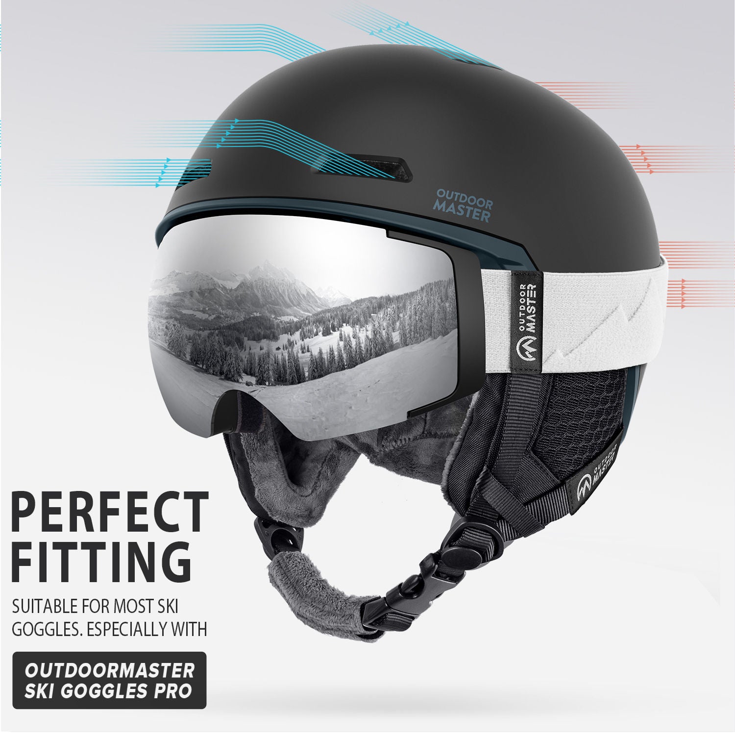 black and blue ski helmet with airflow evaluation channel