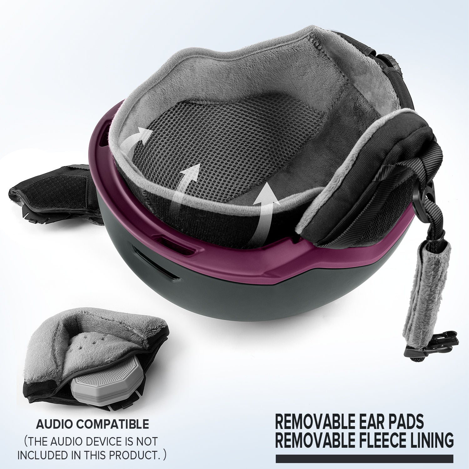 purple and black snow helmet with audio compatible ear pads