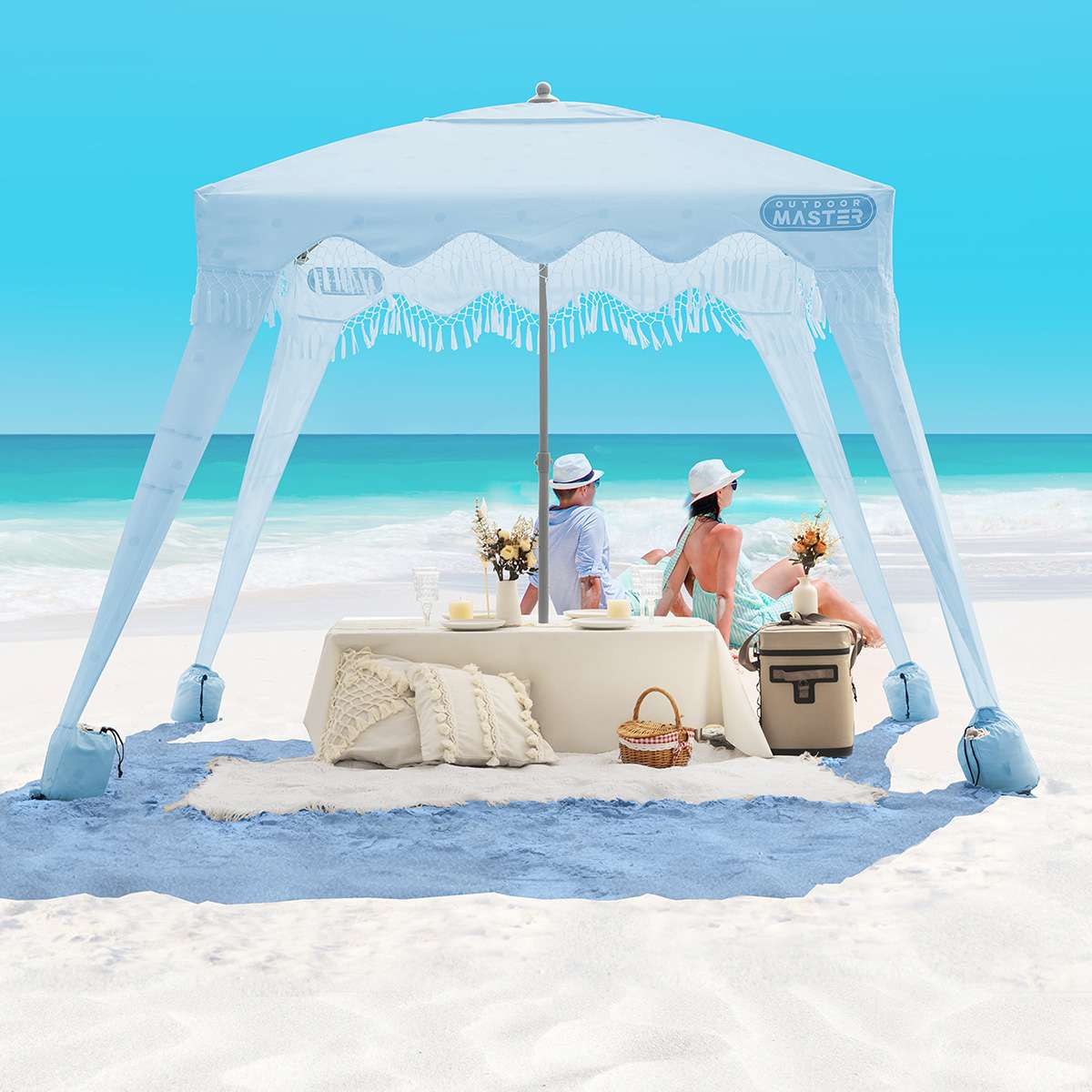 beach umbrella tents OutdoorMaster Beach Cabana with Fringe, Portable 6' x 6' Beach Canopy, Easy Set Up Beach Shelter, Included Side Wall, UPF 50+ UV Protection Sun
