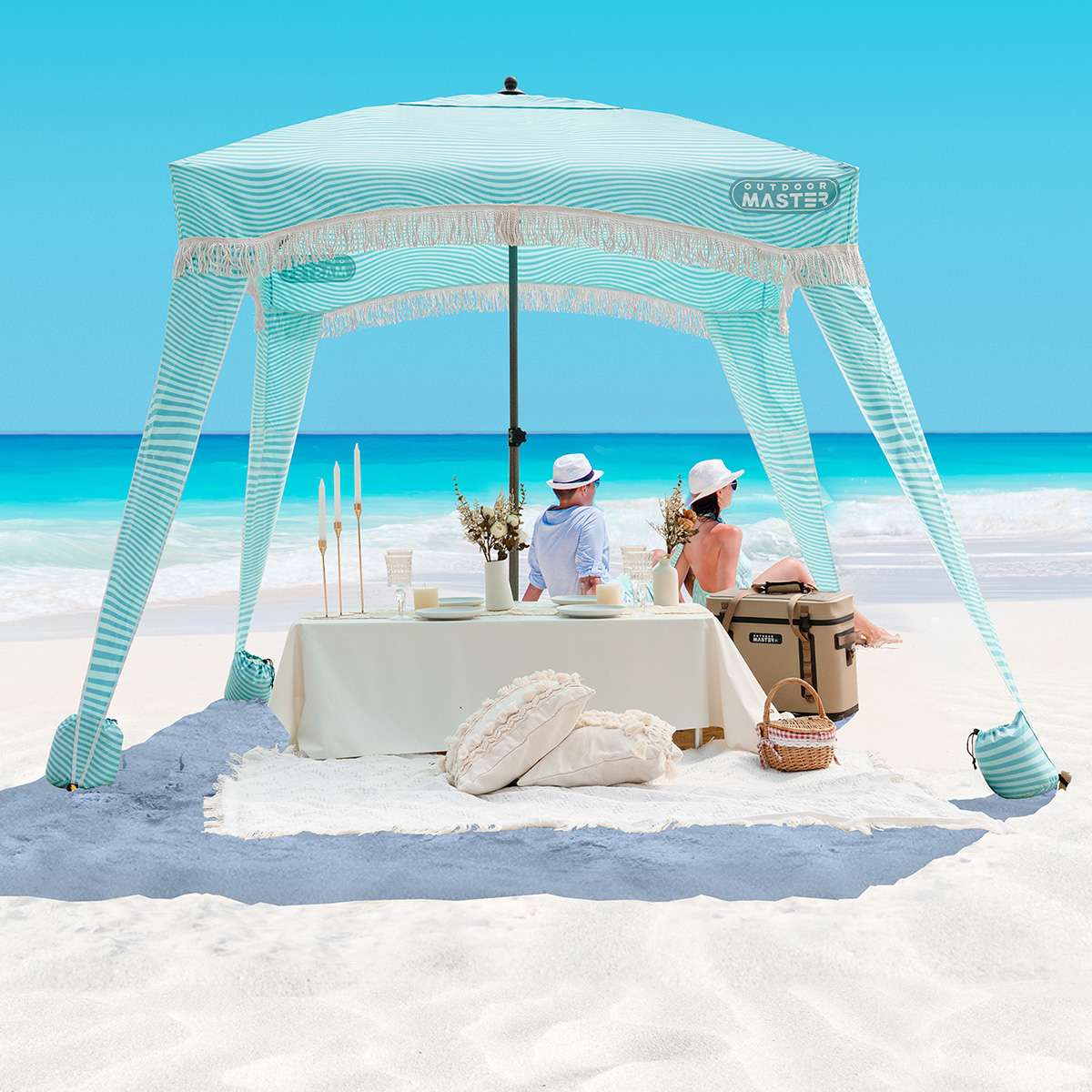 OutdoorMaster Beach Cabana with Fringe, Portable 6' x 6' Beach Canopy, Easy Set Up Beach Shelter, Included Side Wall, UPF 50+ UV Protection Sun