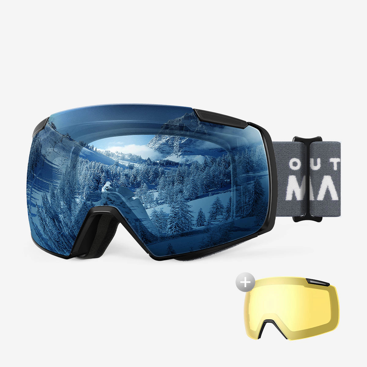 OutdoorMaster Heron Ski Goggles with 2 Lens, Frameless, Magnetic Interchangeable HD Toric Lens, OTG Snowboard Goggles
