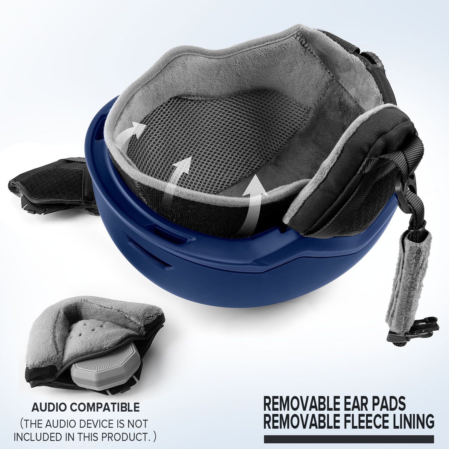 azure blue ski helmet with audio compatible ear pads