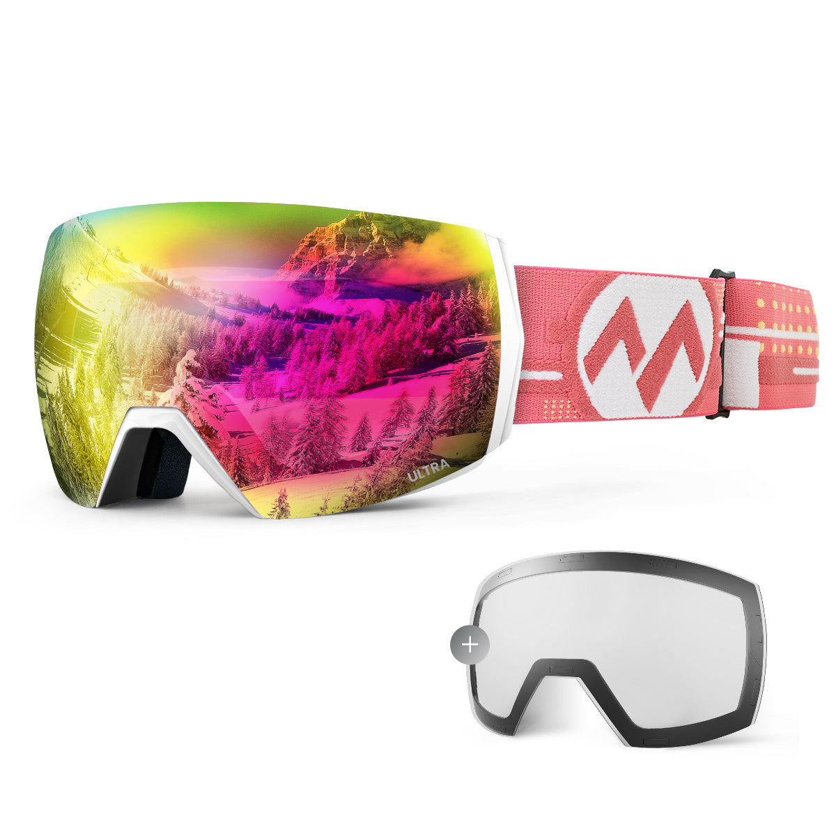 Ultra Anti Fog Ski Goggles | Outdoor Master , Sunny+Storm/night / Ditigal Grey Strap VLT 17% Revo Pink Lens + Light Blue Lens VLT 85%