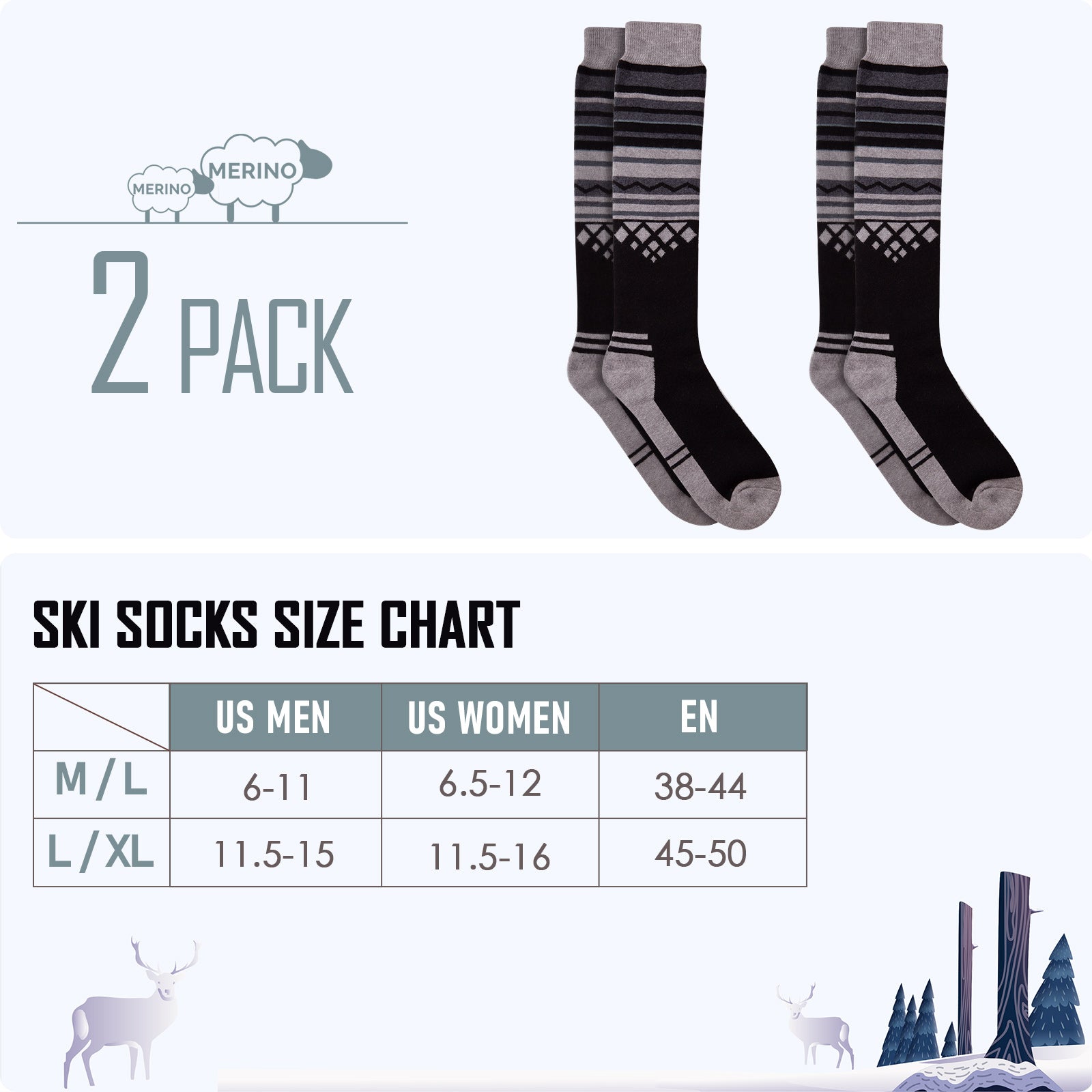 Ski Socks 2-Pack Merino Wool, Over The Calf Non-Slip Cuff for Men & Women :  : Clothing, Shoes & Accessories
