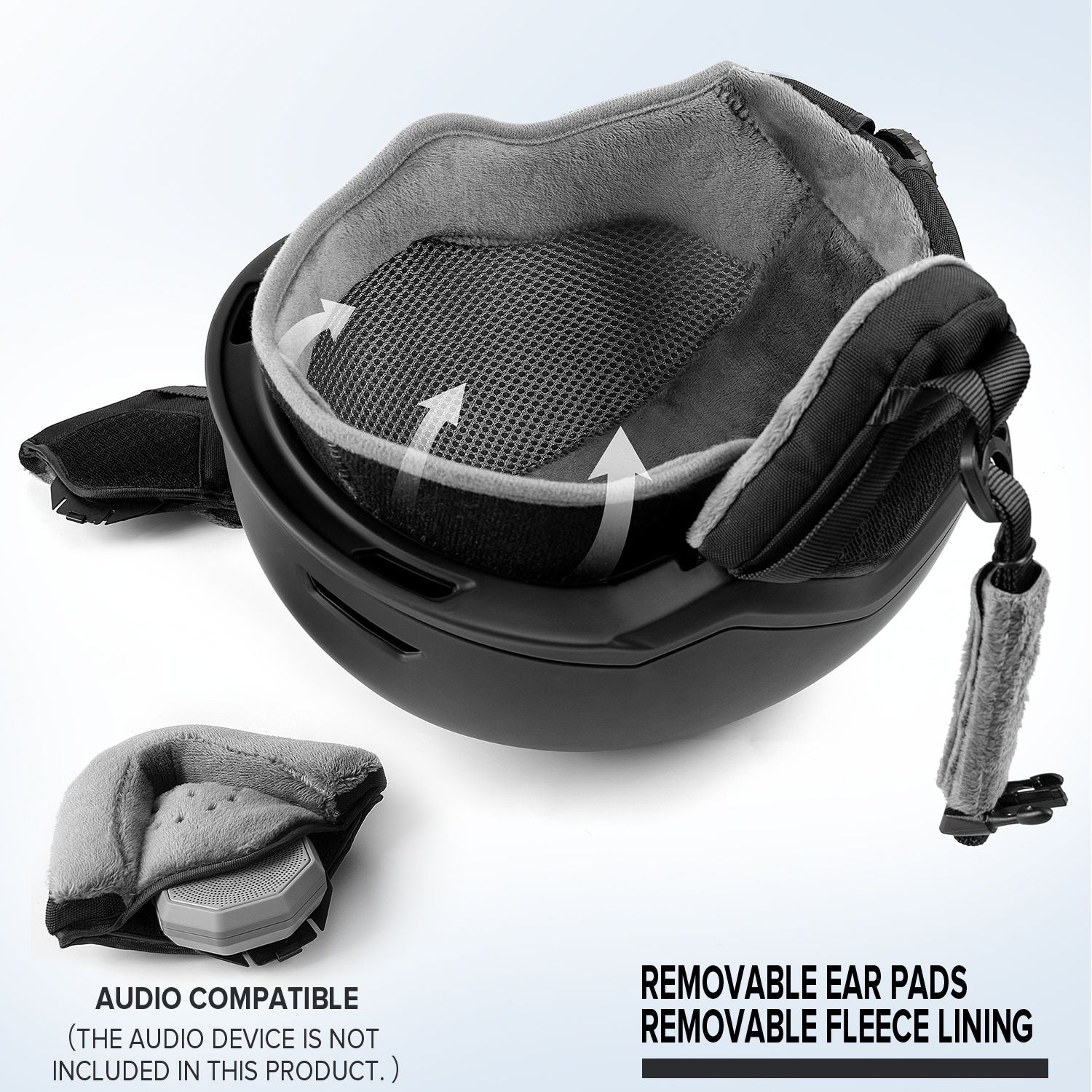 black ski helmet with audio compatible ear pads