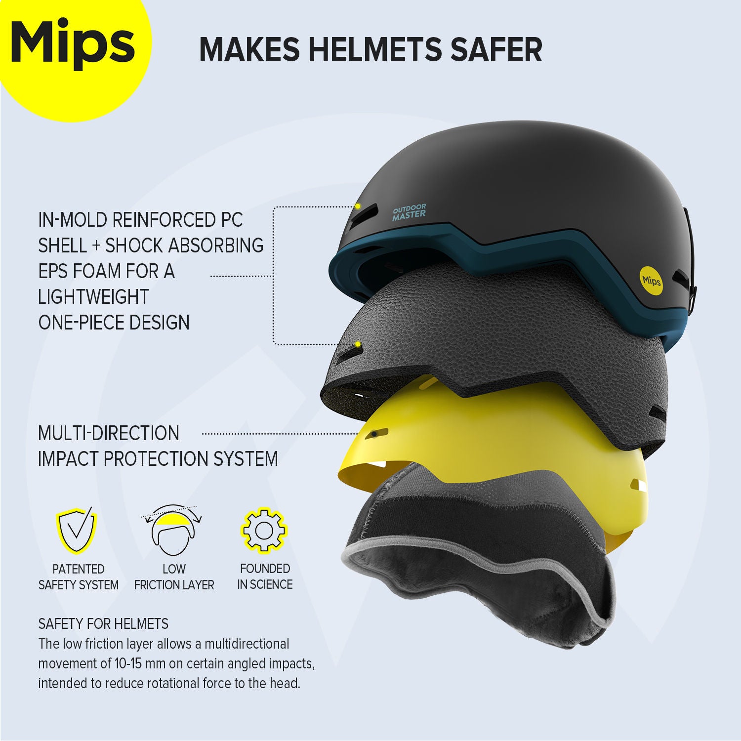 black and blue snow helmet with EPS foam and ATSM (shock absorbing) certification