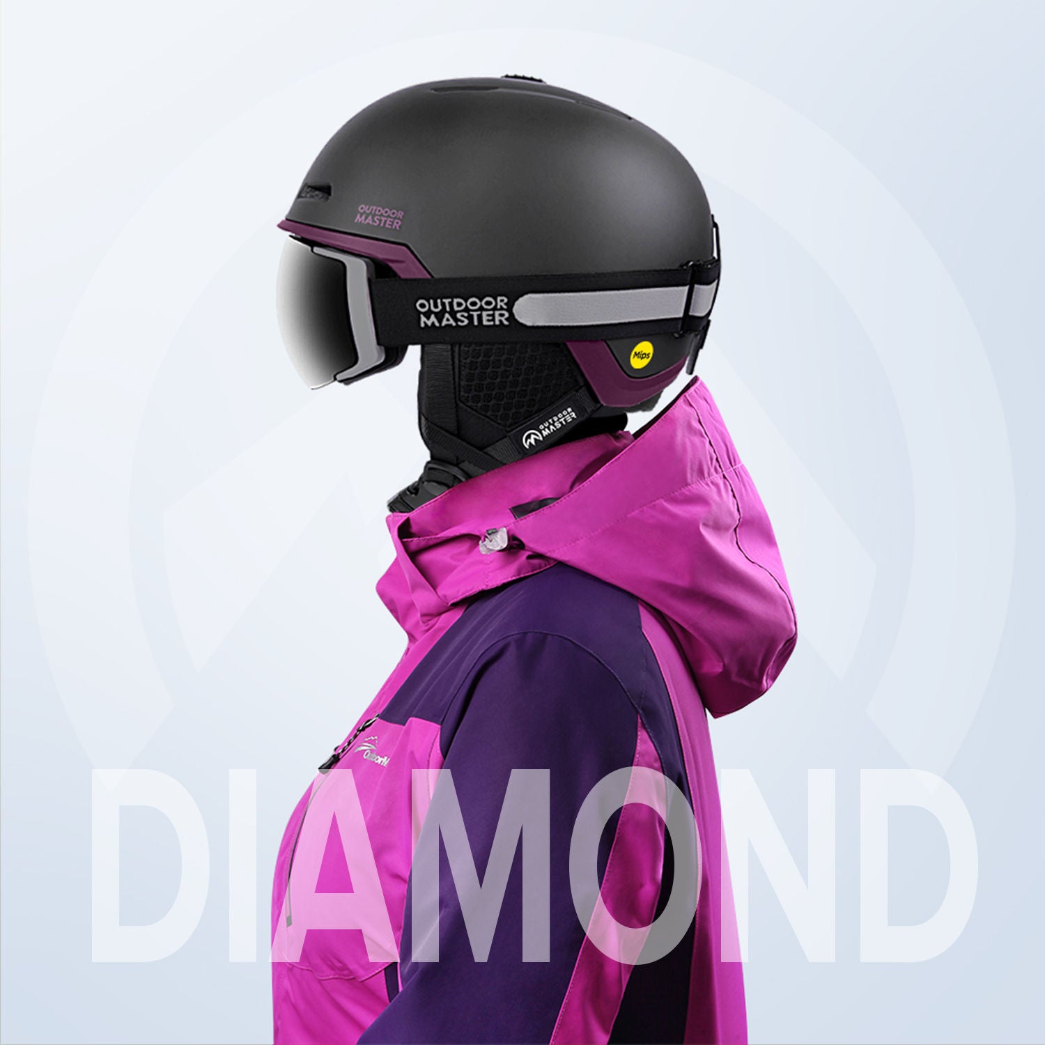 purple and black snow helmet perfectly compatible with ski goggles
