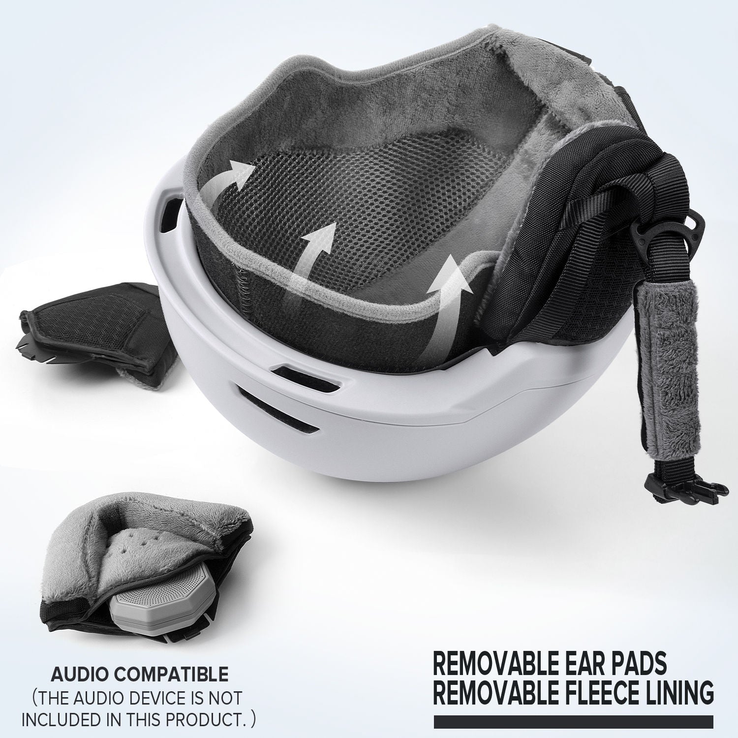white ski helmet with audio compatible ear pads